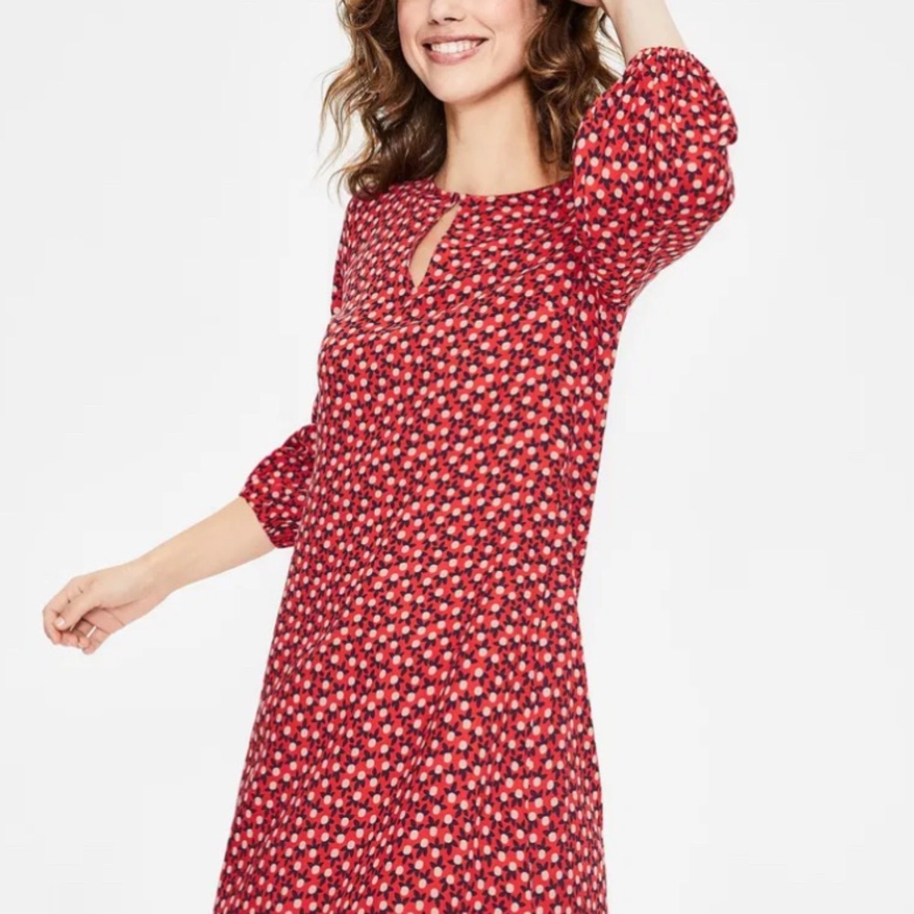 Boden Vanessa Dress Red 3/4 Sleeves Midi Length NWT Relaxed Fit Ditsy Sz 8 - Picture 5 of 16